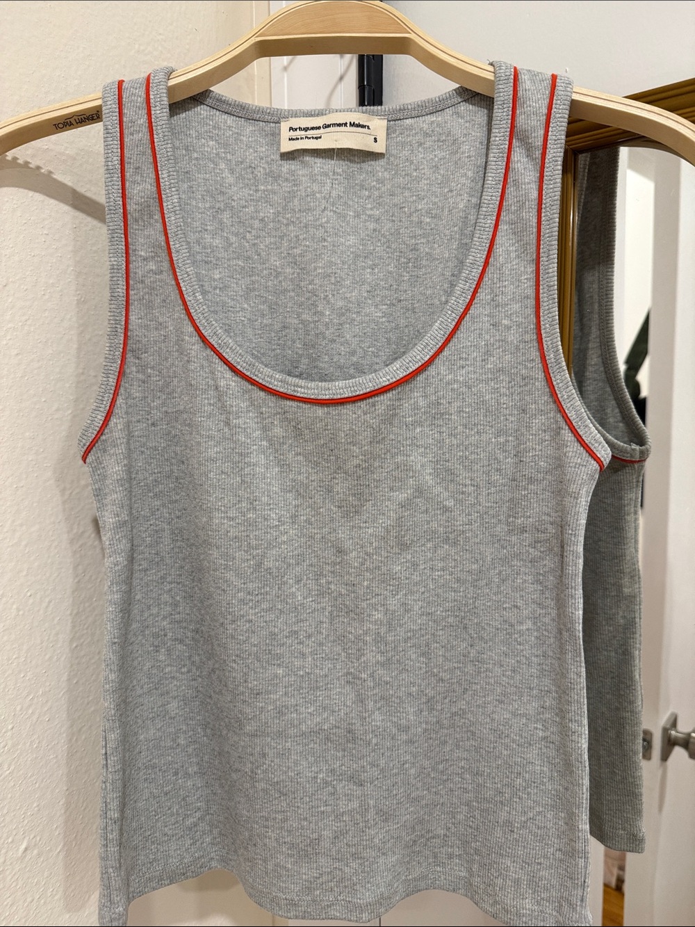 Grey Ribbed Tank Top with Red Trim